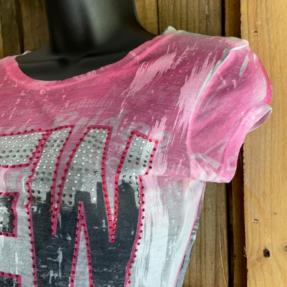 Pink white and blue New York tshirt rhinestones M - Picture 4 of 8